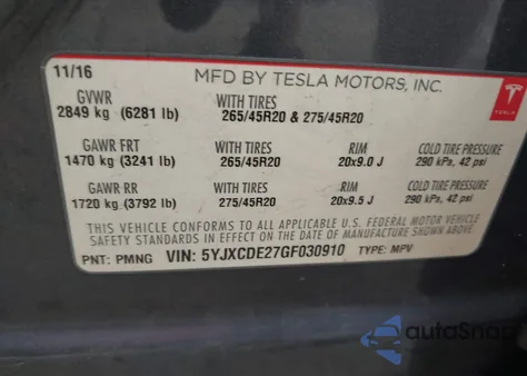2016 Tesla Model X 60D/70D/75D/90D z USA, uszkodzony, nr VIN 5YJXCDE27GF030910